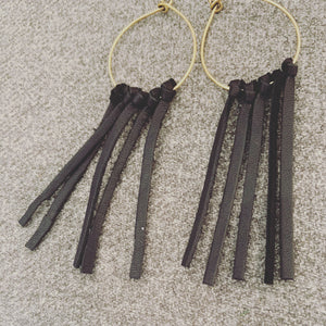 Black leather fringe hoops