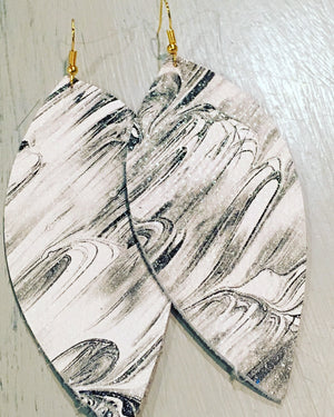 Black, silver, and white brushstrokes leather earrings
