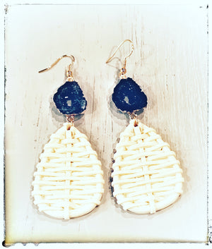 Black stone with ivory rattan earrings